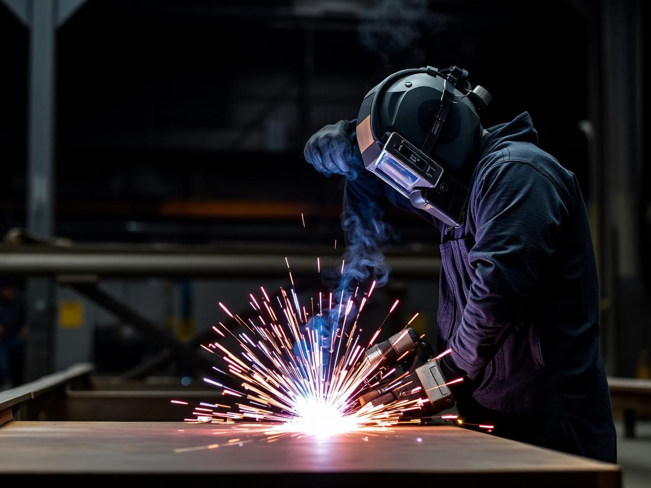 Steel fabrication yard with welders working on structural sections