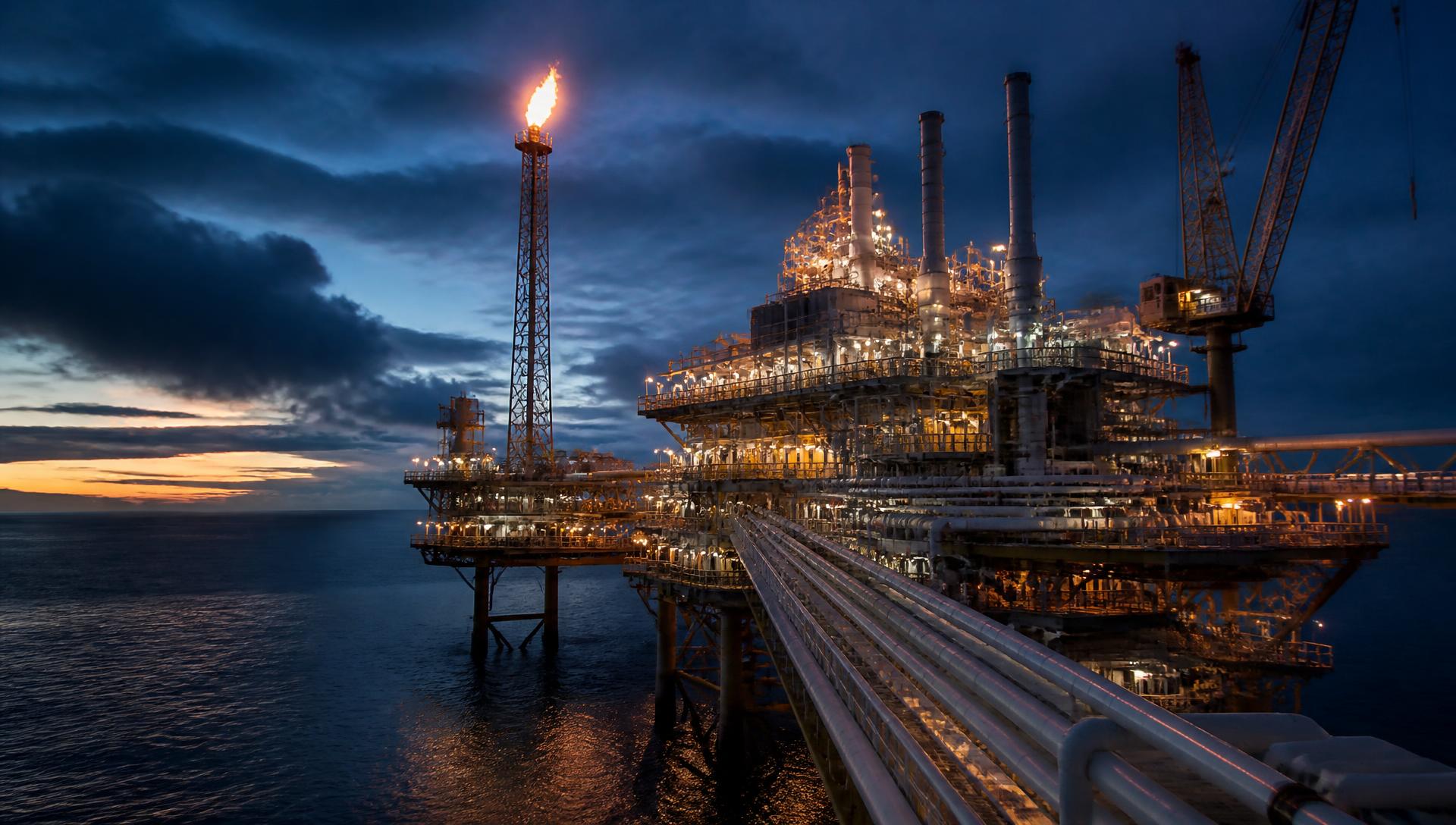 Offshore oil and gas production facility at dusk